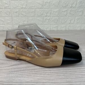 JustFab Carmina Slingback Flat Shoes 8.5 Nude Black Adjustable Buckle Colorblack